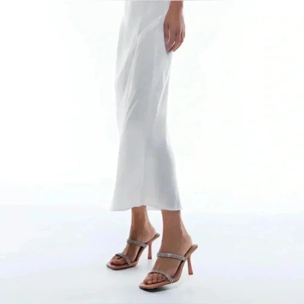NWT Zara Rhinestone Strap Heeled Leather Sandals size 37 6.5 US